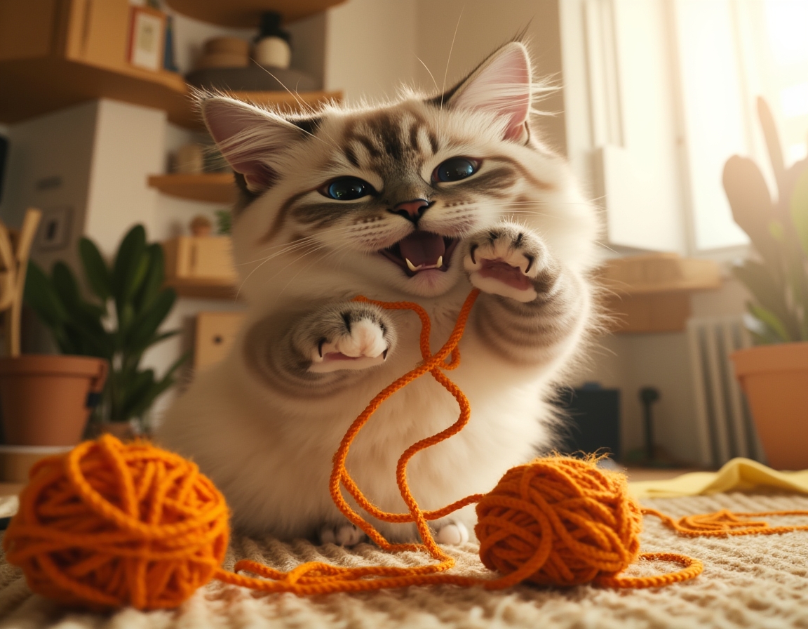Cat pounces on a colorful ball of yarn on a wooden floor. The scene is bathed in soft sunlight streaming through a window, with a cozy room in the background.